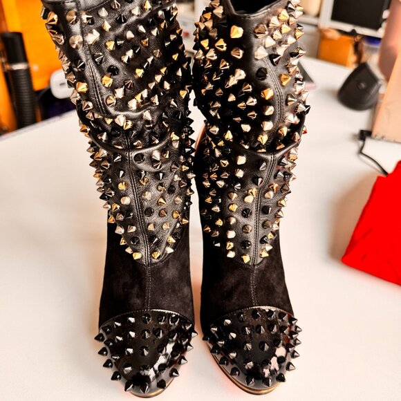 Christian Louboutin Spiked Ankle Boots Black/Gold Size 6.5 Red Sole New w/ Pouch - Picture 1 of 13